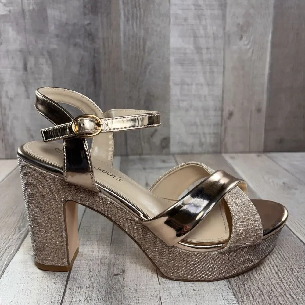 Hingswink Platform Sandals Womens Size 6 Chunky Block Heel Ankle Strap Rose Gold